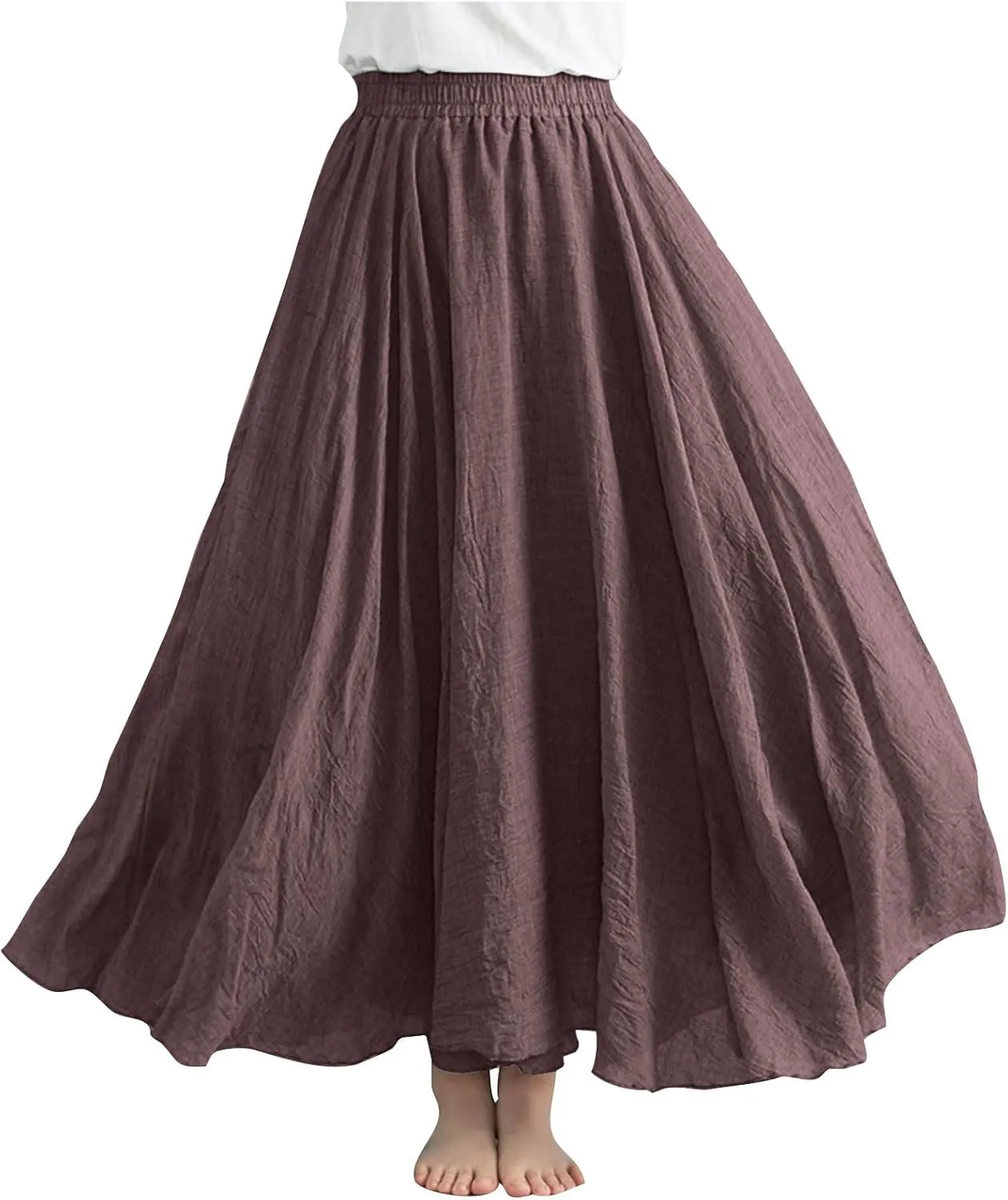 Women Bohemian Beach A-Line Dress Elastic High Waist Maxi Linen Skirt Summer Casual Boho Swing Flowy Long Skirts