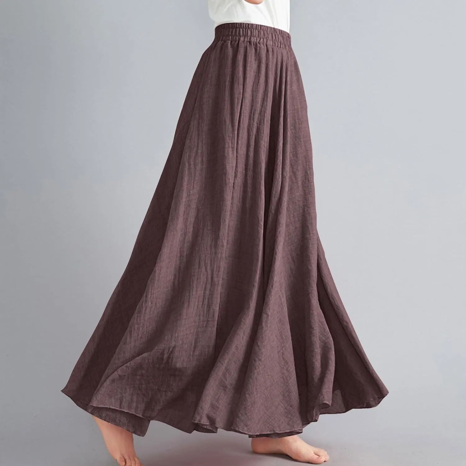 Women Bohemian Beach A-Line Dress Elastic High Waist Maxi Linen Skirt Summer Casual Boho Swing Flowy Long Skirts