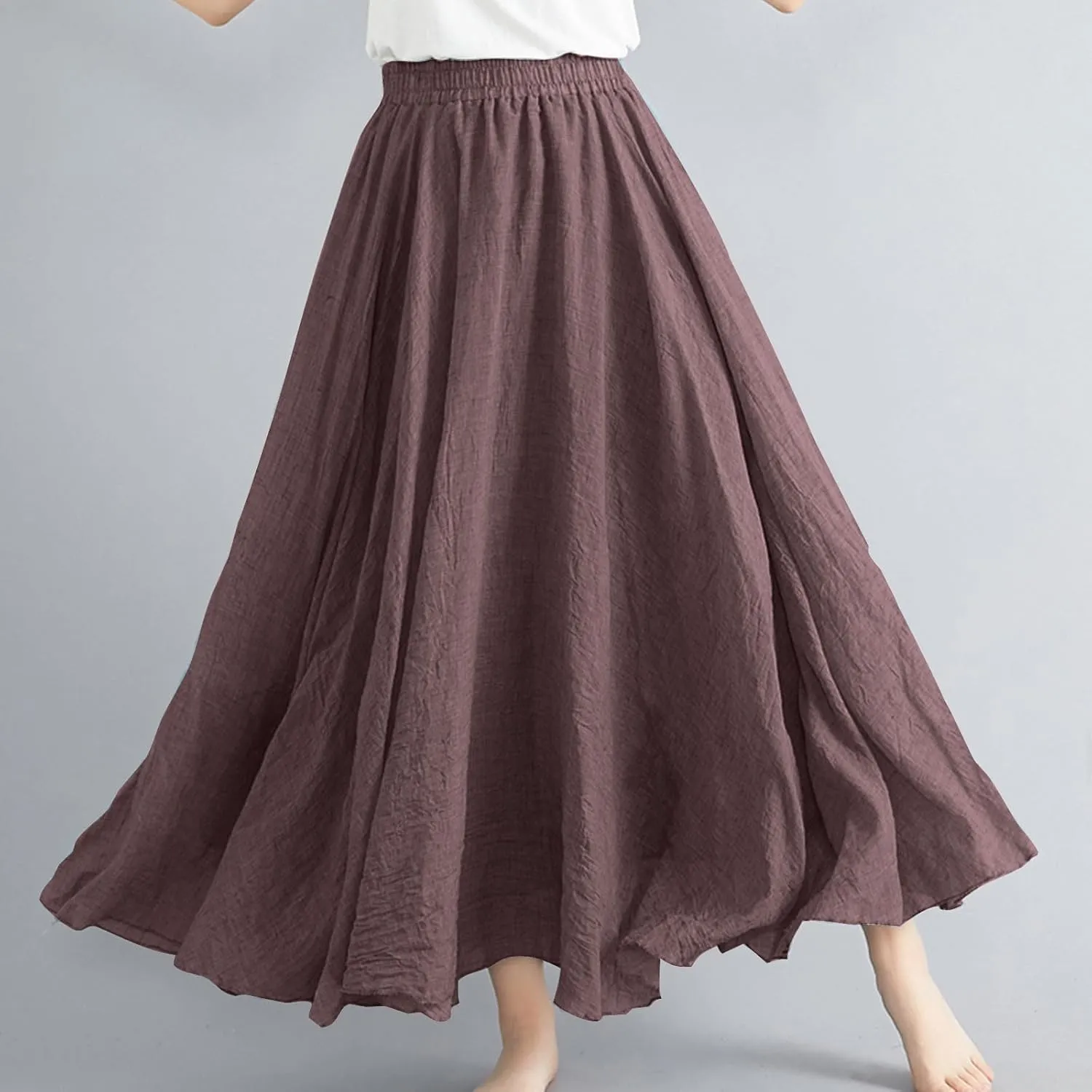 Women Bohemian Beach A-Line Dress Elastic High Waist Maxi Linen Skirt Summer Casual Boho Swing Flowy Long Skirts