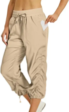 Women Capri Pants Casual Drawstring Elastic High Waisted Pant Quick Dry Tapered Pant Athletic Workout Hiking Trousers