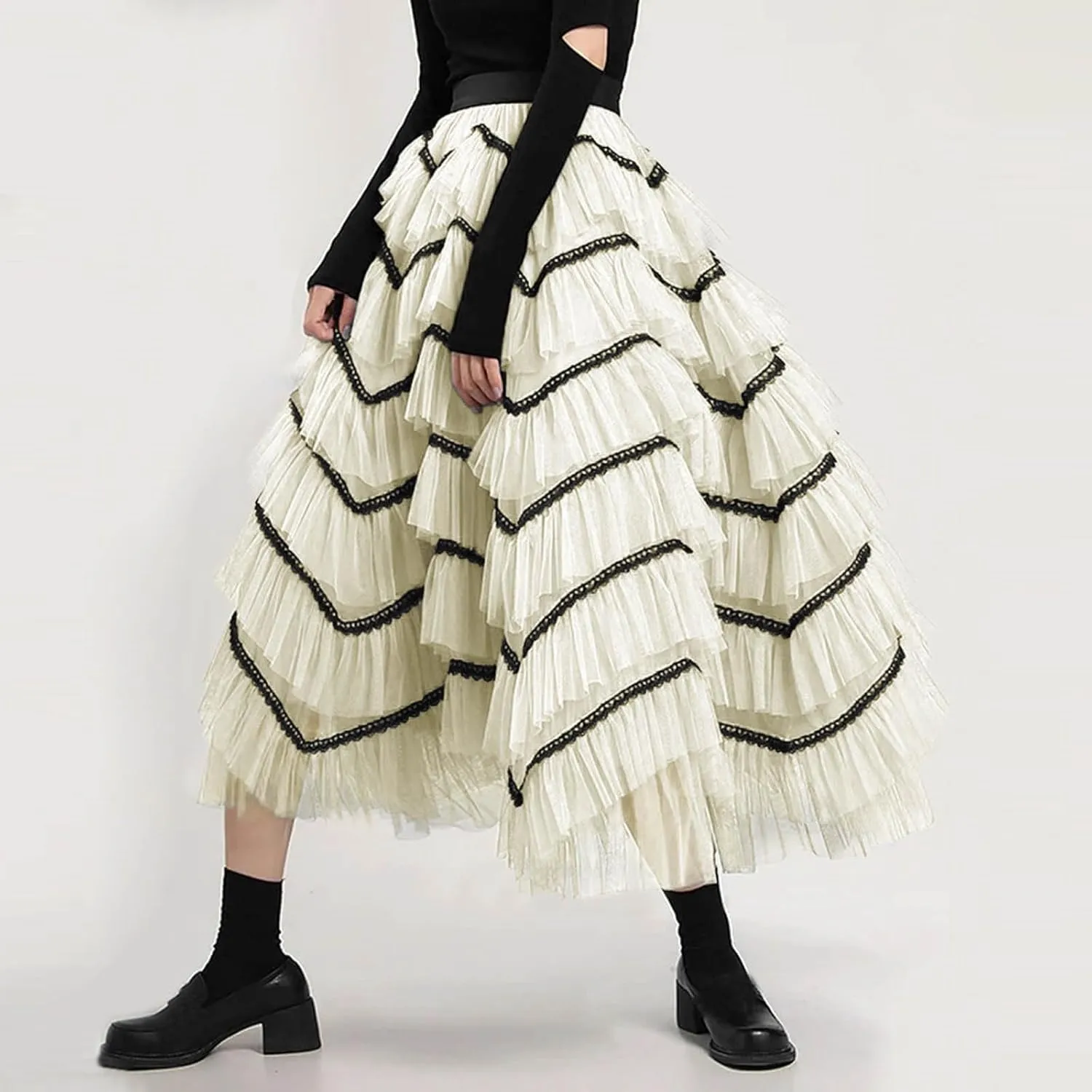 Women Mid Length Skirt Dance Party A Line High Waisted Lace Tulle Tiered Skirt Holiday Party Long Skirt with