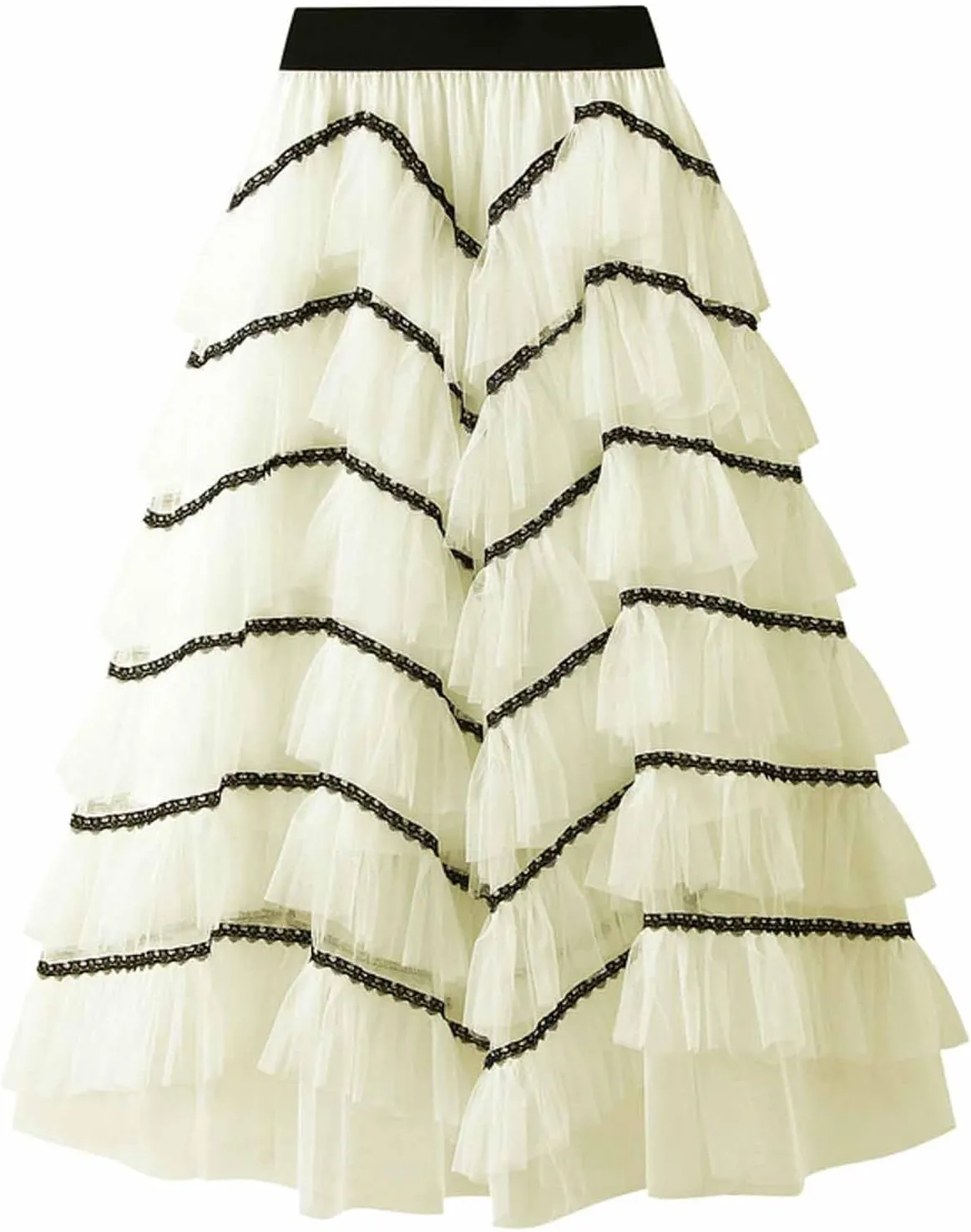 Women Mid Length Skirt Dance Party A Line High Waisted Lace Tulle Tiered Skirt Holiday Party Long Skirt with