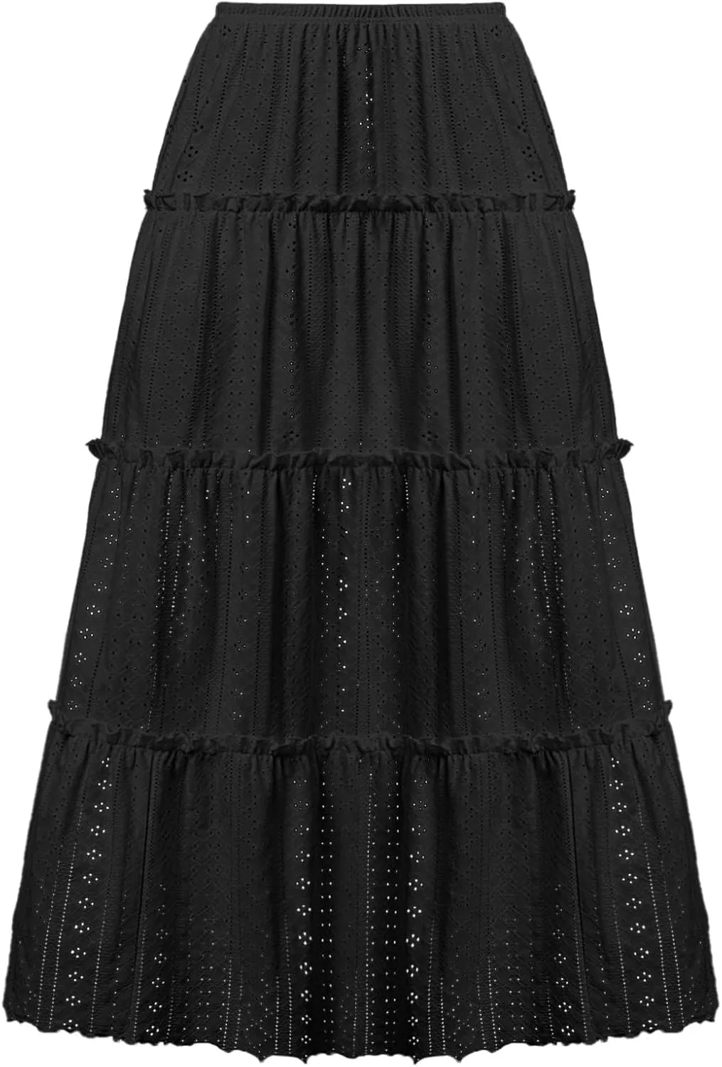 Women Midi Skirts Hollow Out Elastic High Waisted Tiered Eyelet Layered Casual Flowy Smocked Solid Color Skirt