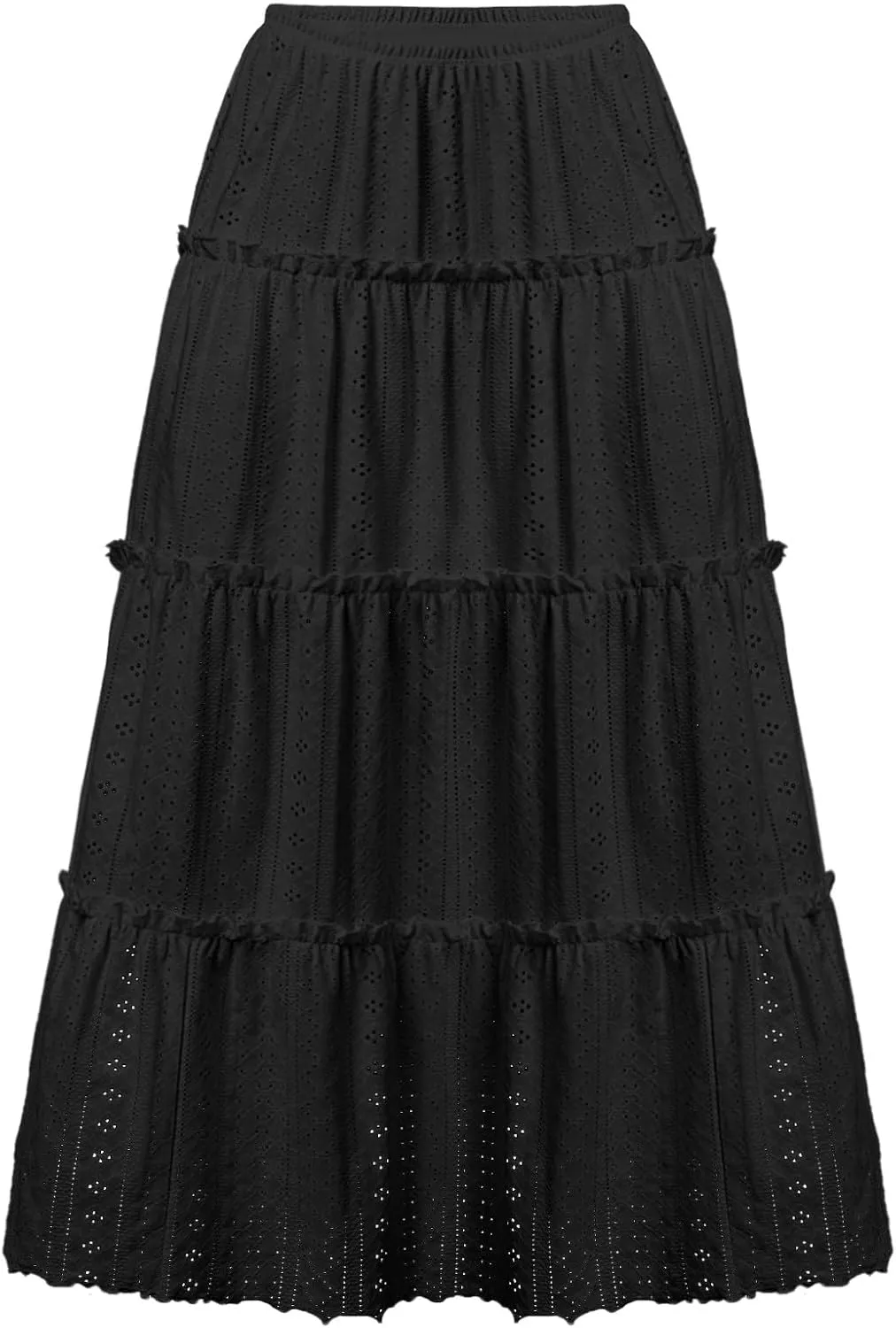 Women Midi Skirts Hollow Out Elastic High Waisted Tiered Eyelet Layered Casual Flowy Smocked Solid Color Skirt
