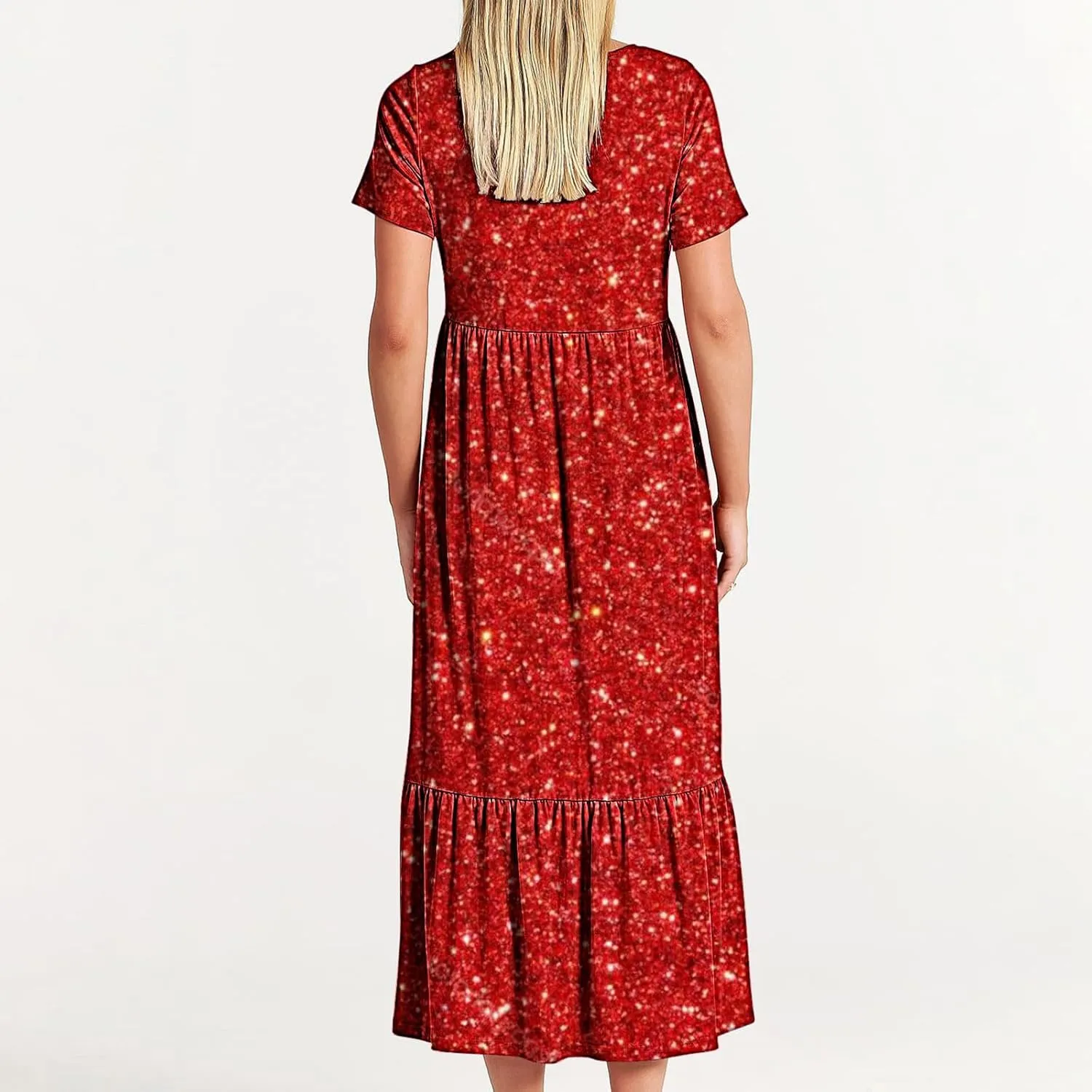 Women Sparkly Printed Cocktail Dresses Tiered Short Sleeve Crew Neck Ruched Elastic Waist Midi Dress with Pockets