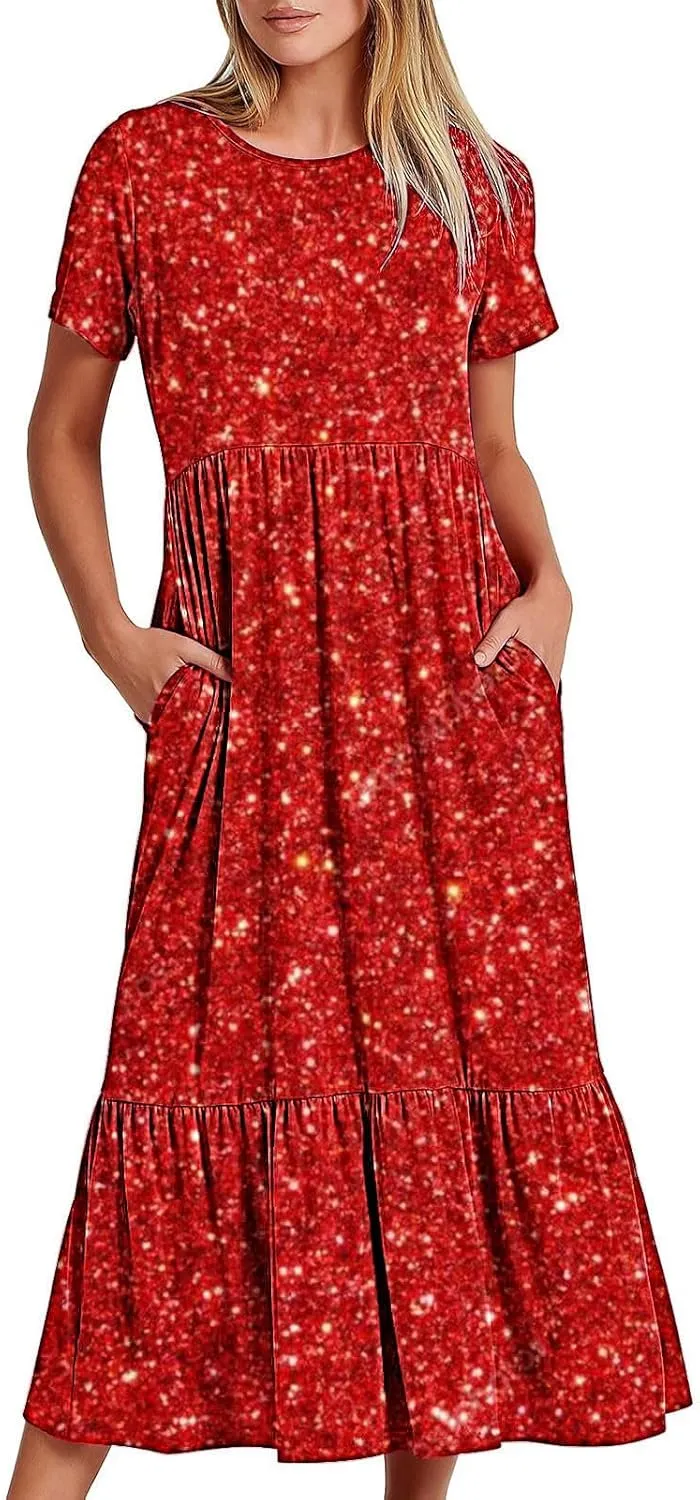 Women Sparkly Printed Cocktail Dresses Tiered Short Sleeve Crew Neck Ruched Elastic Waist Midi Dress with Pockets