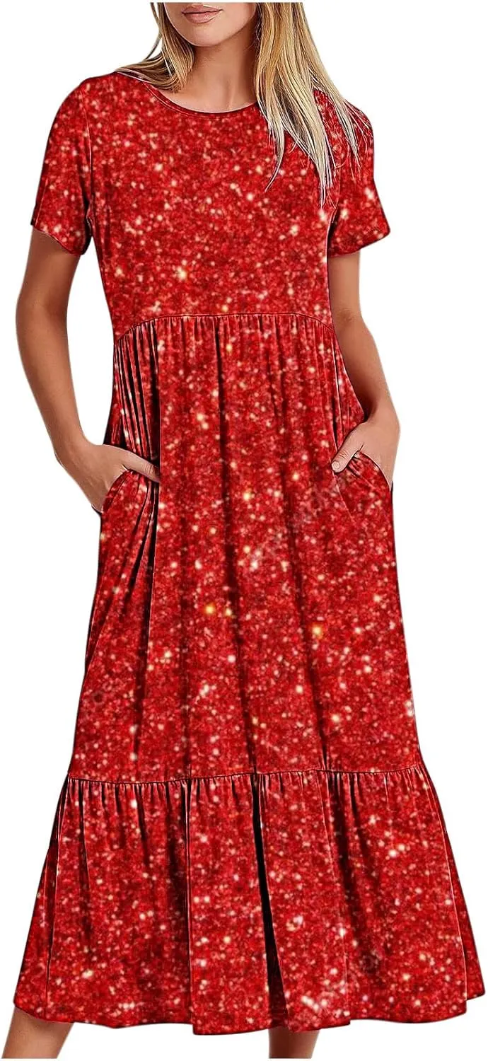Women Sparkly Printed Cocktail Dresses Tiered Short Sleeve Crew Neck Ruched Elastic Waist Midi Dress with Pockets
