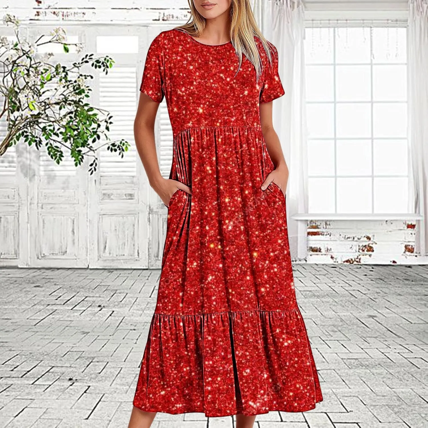 Women Sparkly Printed Cocktail Dresses Tiered Short Sleeve Crew Neck Ruched Elastic Waist Midi Dress with Pockets
