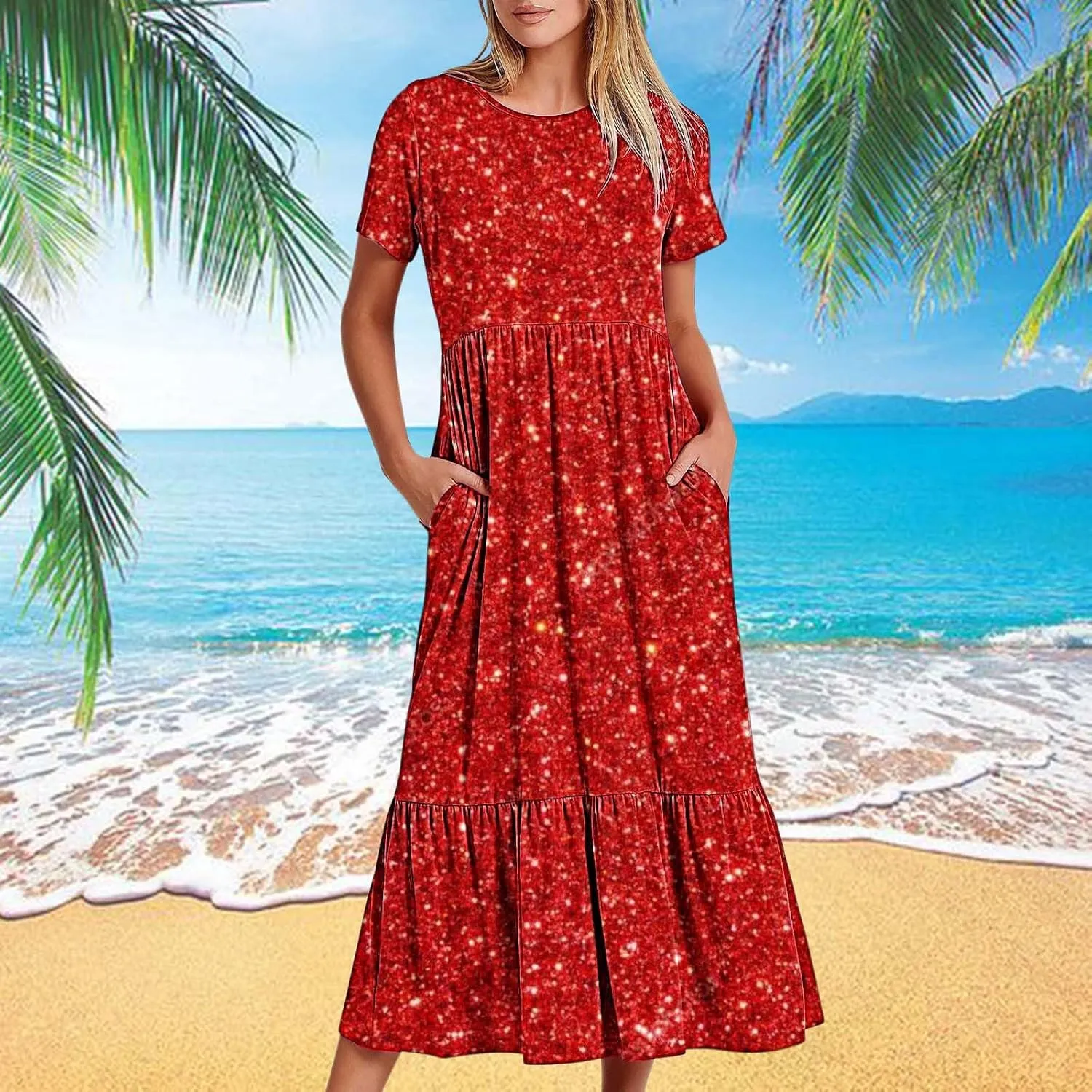 Women Sparkly Printed Cocktail Dresses Tiered Short Sleeve Crew Neck Ruched Elastic Waist Midi Dress with Pockets