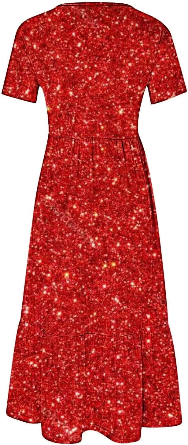 Women Sparkly Printed Cocktail Dresses Tiered Short Sleeve Crew Neck Ruched Elastic Waist Midi Dress with Pockets