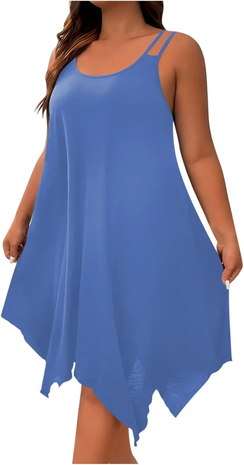 Women Strap Beach Dress Summer Sleeveless Sundress Plus Size Irregular Hem Tank Dresses 2025 Trendy Resort Wear