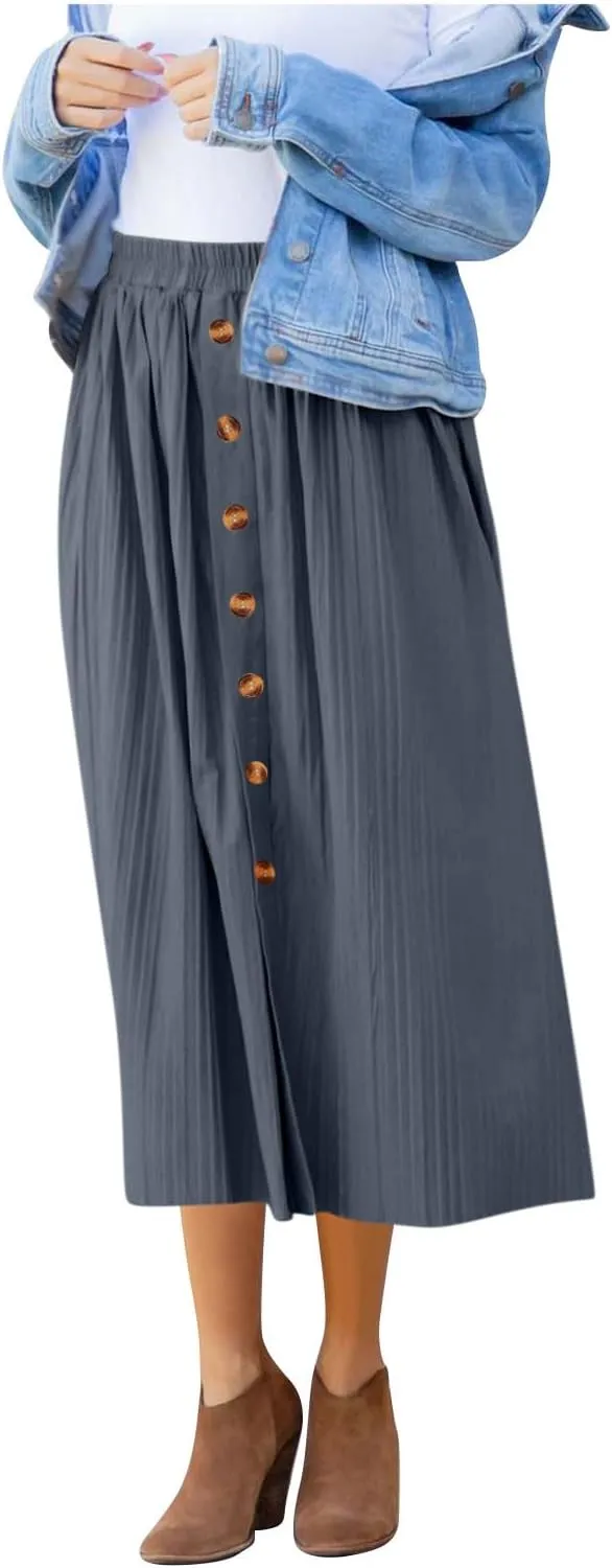Women Summer Casual Midi Skirts Elastic High Waisted Button Down Solid Color Pleated Comfy A Line Beach Skirt