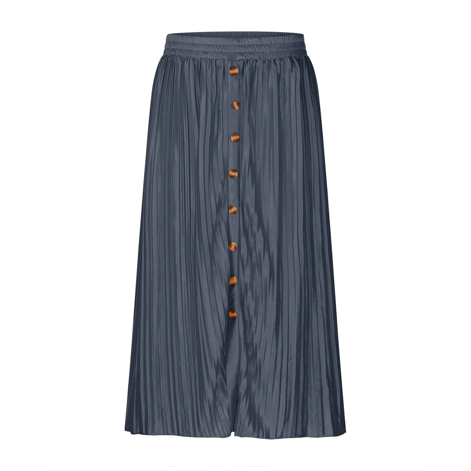 Women Summer Casual Midi Skirts Elastic High Waisted Button Down Solid Color Pleated Comfy A Line Beach Skirt