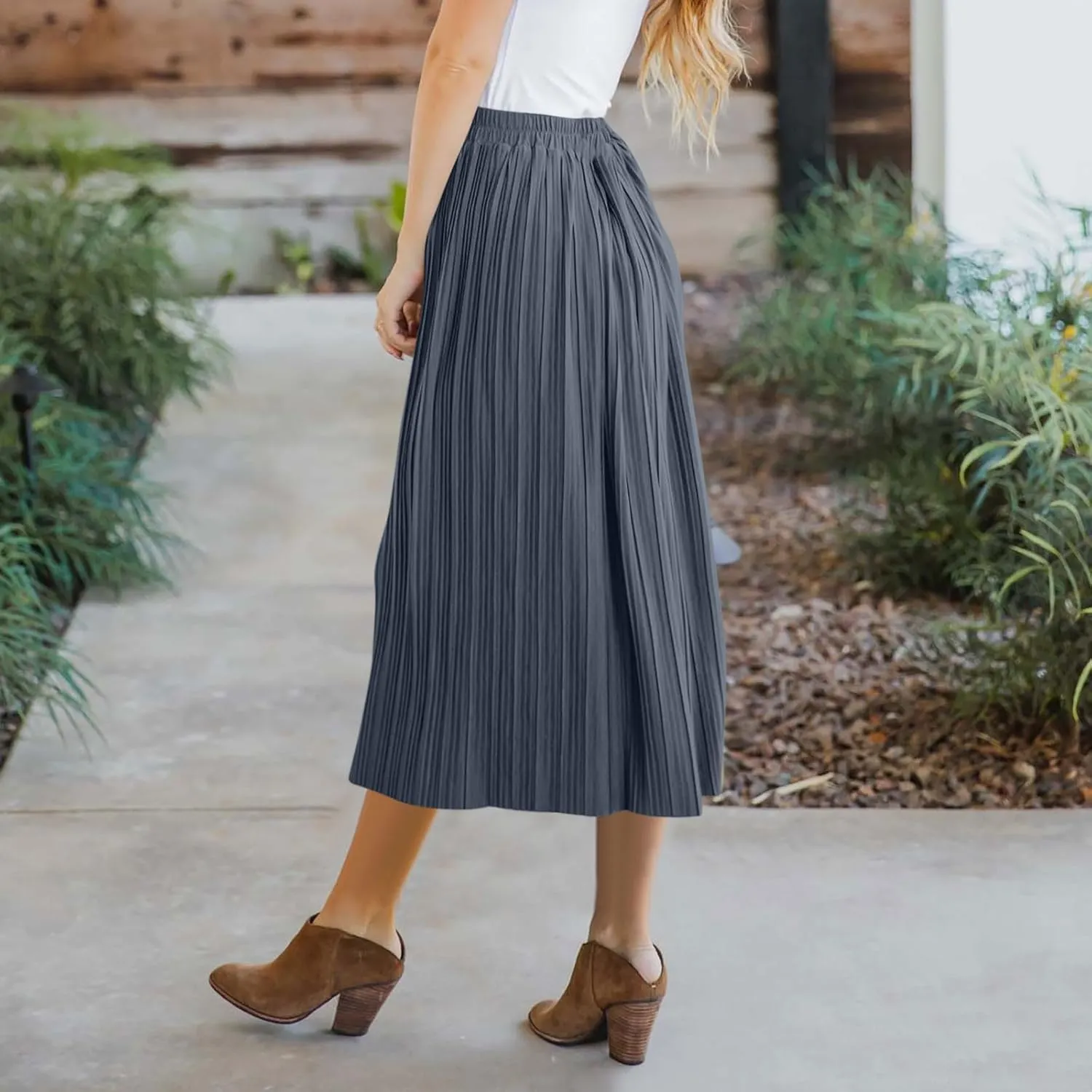 Women Summer Casual Midi Skirts Elastic High Waisted Button Down Solid Color Pleated Comfy A Line Beach Skirt
