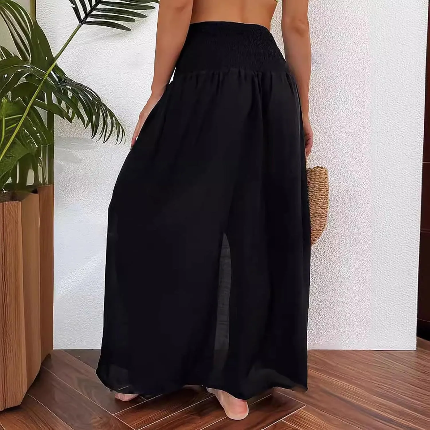 Women Swimsuit Coverup Maxi Skirts Sheer Mesh Chiffon Skirt 2025 Slit Smocked Elastic High Waist Sexy Boho Dress