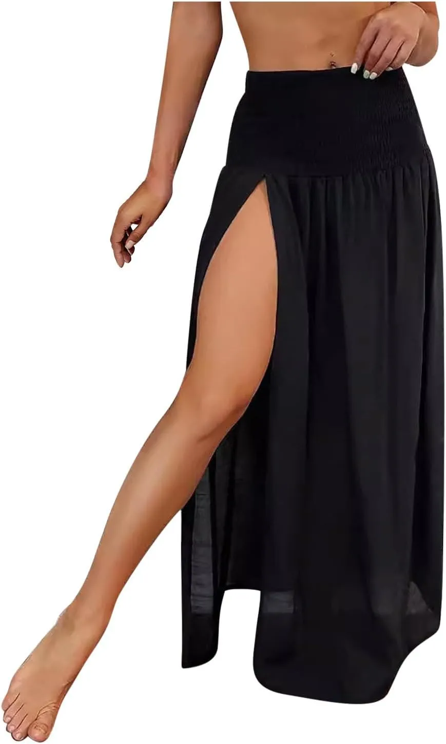 Women Swimsuit Coverup Maxi Skirts Sheer Mesh Chiffon Skirt 2025 Slit Smocked Elastic High Waist Sexy Boho Dress