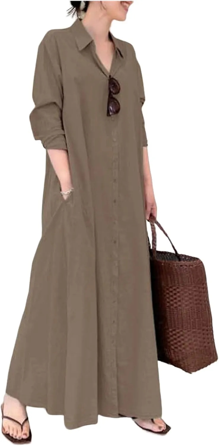 Women's Button Down Cotton Linen Shirt Dress with Pockets Cotton Linen Long Sleeve Casual Maxi Shirtdress Beach Dress