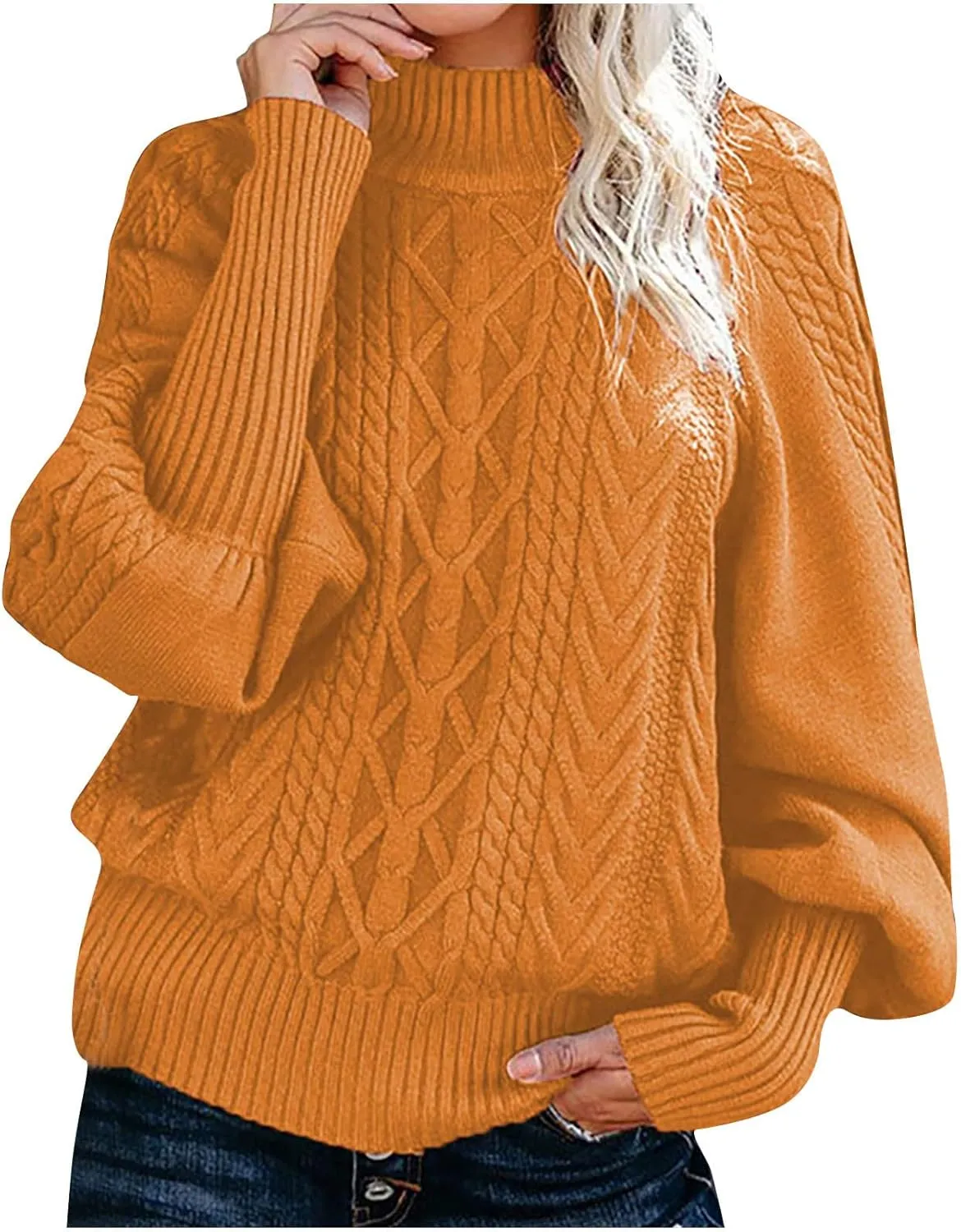 Women's Cable Knit Batwing Long Sleeve Sweaters Solid Color Crew Neck Loose Fit Jumper Tops Casual Fashion Pullover