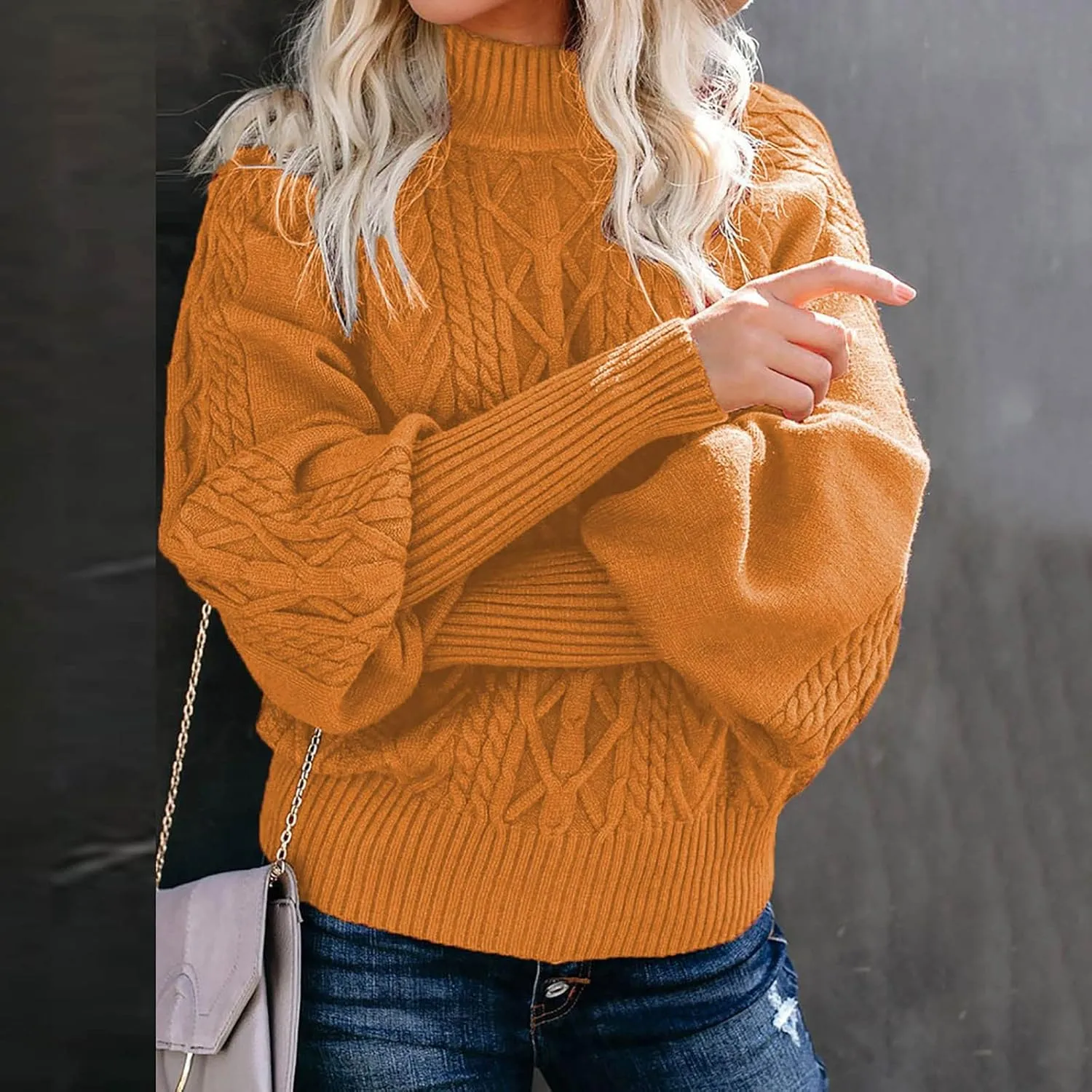 Women's Cable Knit Batwing Long Sleeve Sweaters Solid Color Crew Neck Loose Fit Jumper Tops Casual Fashion Pullover