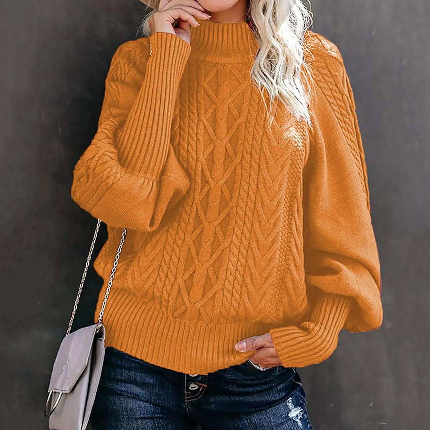 Women's Cable Knit Batwing Long Sleeve Sweaters Solid Color Crew Neck Loose Fit Jumper Tops Casual Fashion Pullover