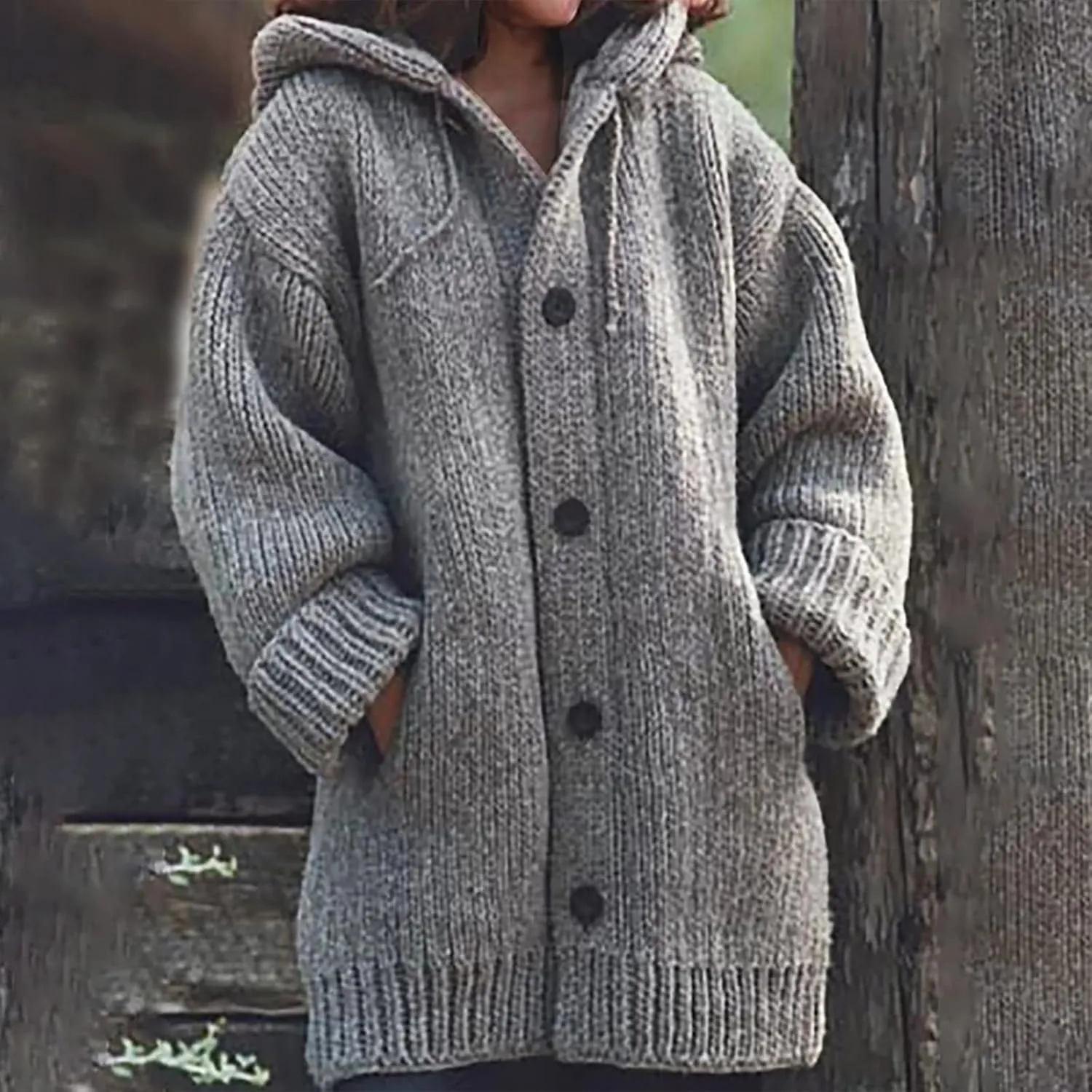 Women's Casual Long Sleeve Button Solid Color Loose Oversized Hooded Sweater Jacket with Pockets, S-5XL