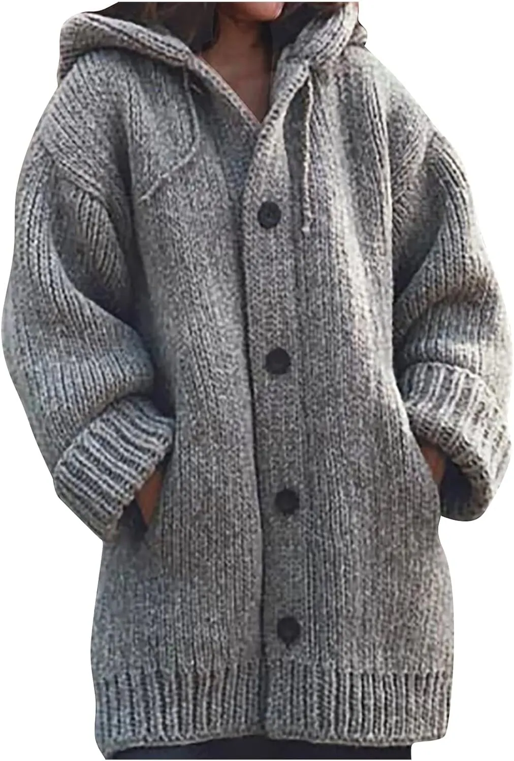 Women's Casual Long Sleeve Button Solid Color Loose Oversized Hooded Sweater Jacket with Pockets, S-5XL