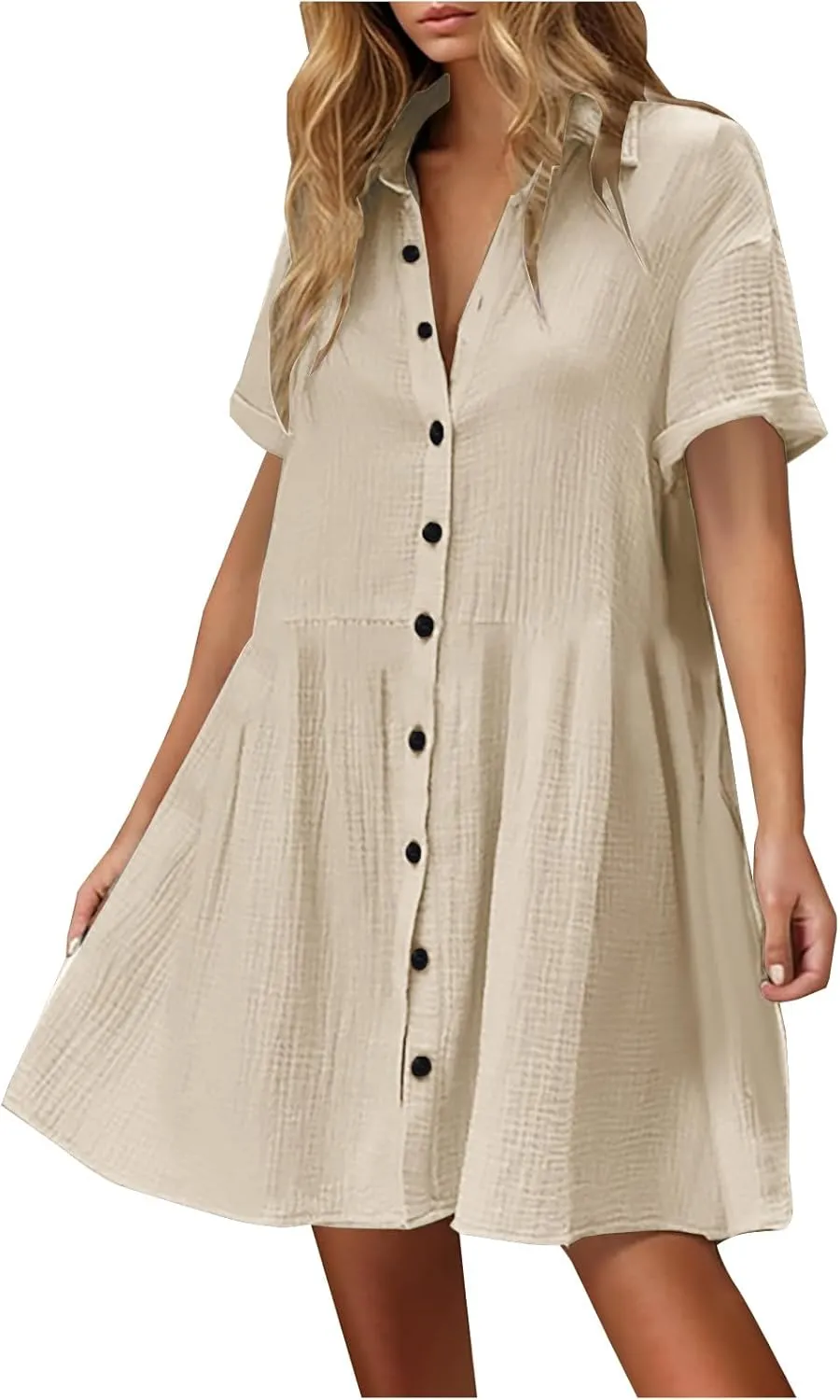 Women's Cotton Button Down Shirt Dress Beach Vacation Short Sleeve Loose Fit Casual Tunics Dresses Swimsuit Coverups