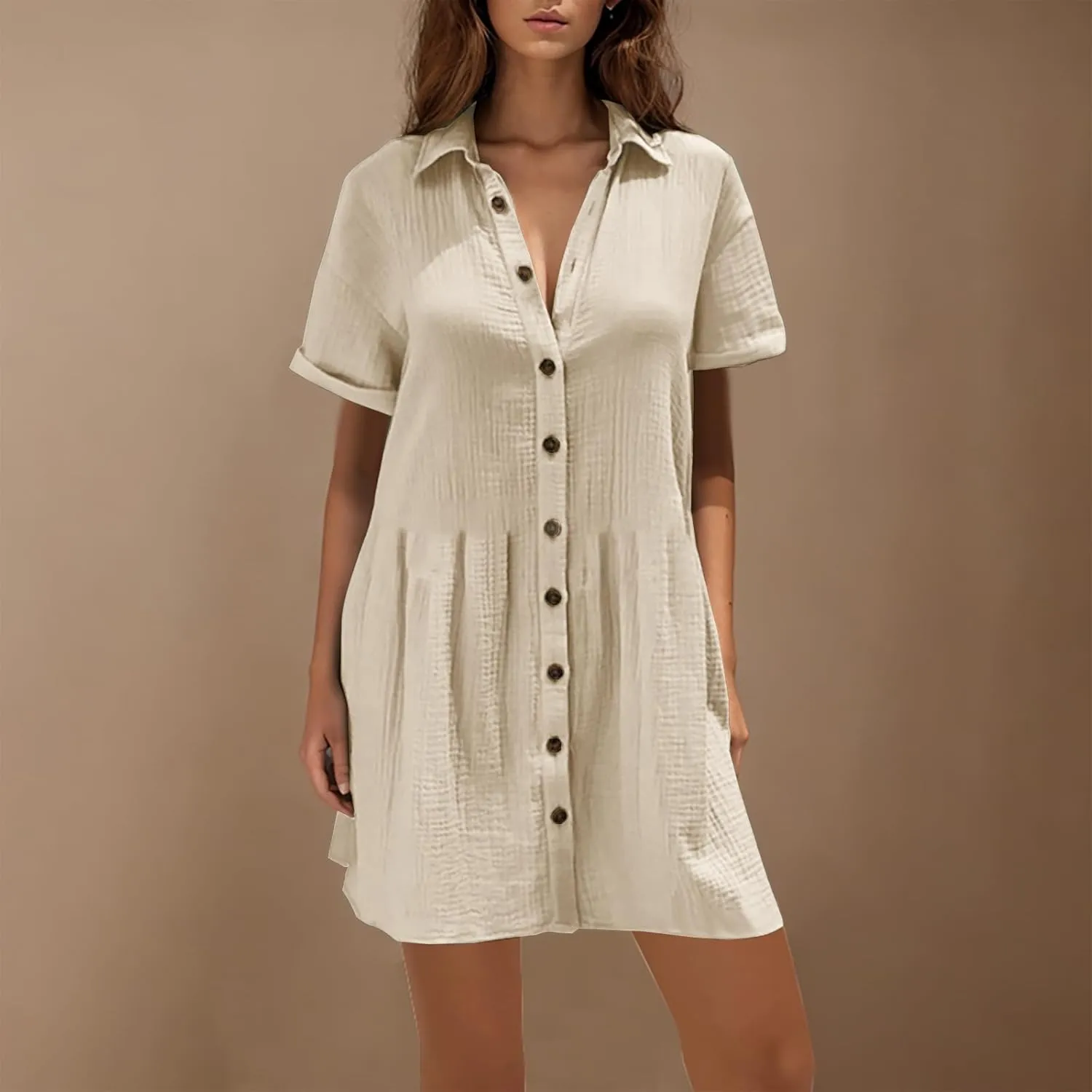 Women's Cotton Button Down Shirt Dress Beach Vacation Short Sleeve Loose Fit Casual Tunics Dresses Swimsuit Coverups