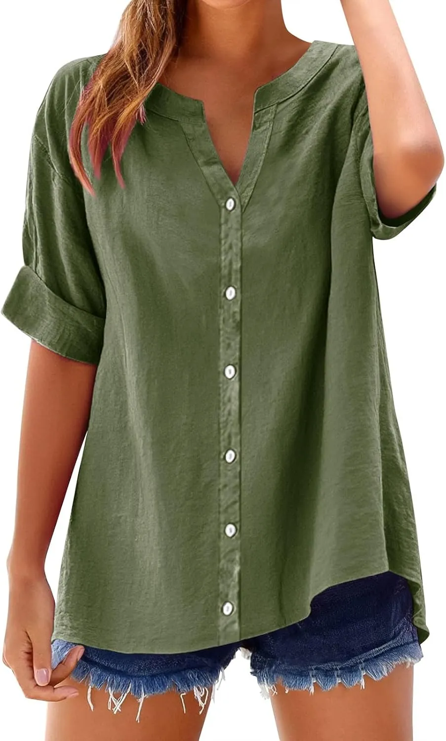 Womens Cotton Linen Shirts 3/4 Sleeve Summer Vacation Tunic Tops Oversized Tshirts Casual V Neck Dressy Blouses