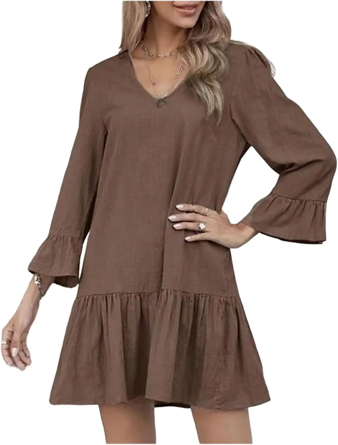 Women's Linen Tunic Dress Cute V Neck Long Sleeve Casual Loose Flowy Swing Ruffle Dresses Pleated A Line Mini Dress