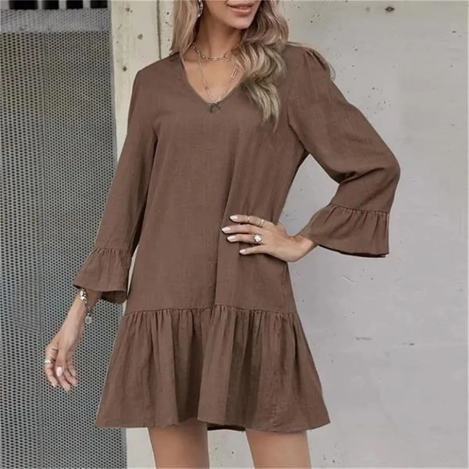 Women's Linen Tunic Dress Cute V Neck Long Sleeve Casual Loose Flowy Swing Ruffle Dresses Pleated A Line Mini Dress