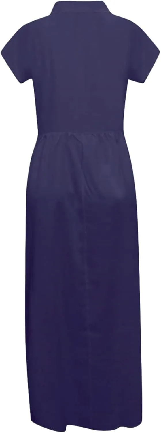 Womens Summer Linen Flowy Maxi Dress Short Sleeve V Neck Dresses Loose Casual Tiered Ruffle High Waist Long Dresses