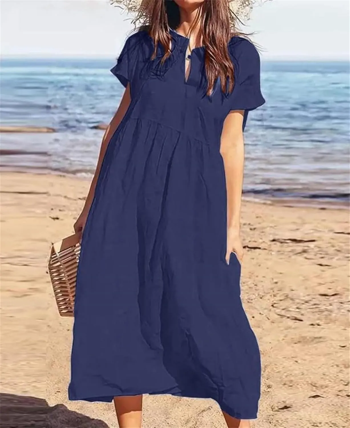 Womens Summer Linen Flowy Maxi Dress Short Sleeve V Neck Dresses Loose Casual Tiered Ruffle High Waist Long Dresses