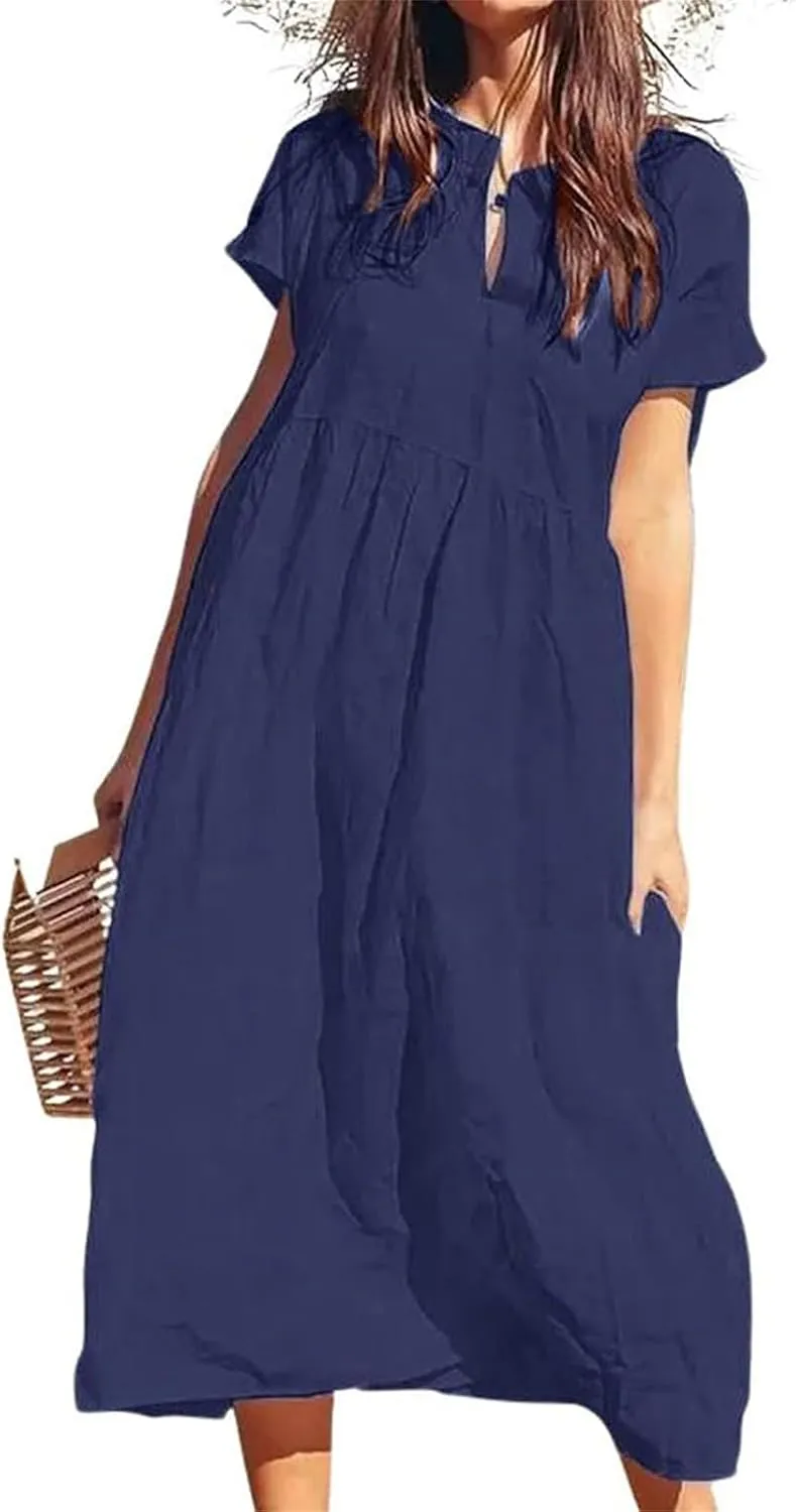 Womens Summer Linen Flowy Maxi Dress Short Sleeve V Neck Dresses Loose Casual Tiered Ruffle High Waist Long Dresses