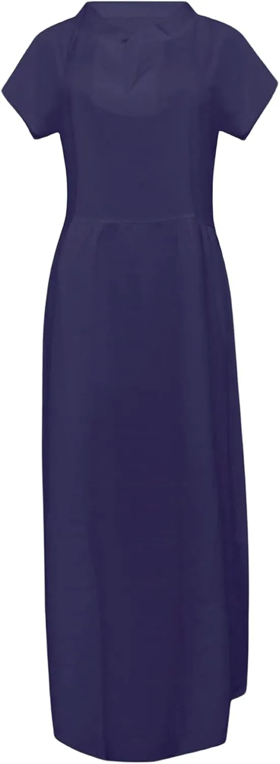 Womens Summer Linen Flowy Maxi Dress Short Sleeve V Neck Dresses Loose Casual Tiered Ruffle High Waist Long Dresses
