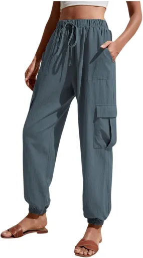 Womens Tapered Cargo Pants Trendy Drawstring Elastic High Waisted Wide Leg Pants Loose Solid Color Casual Trousers
