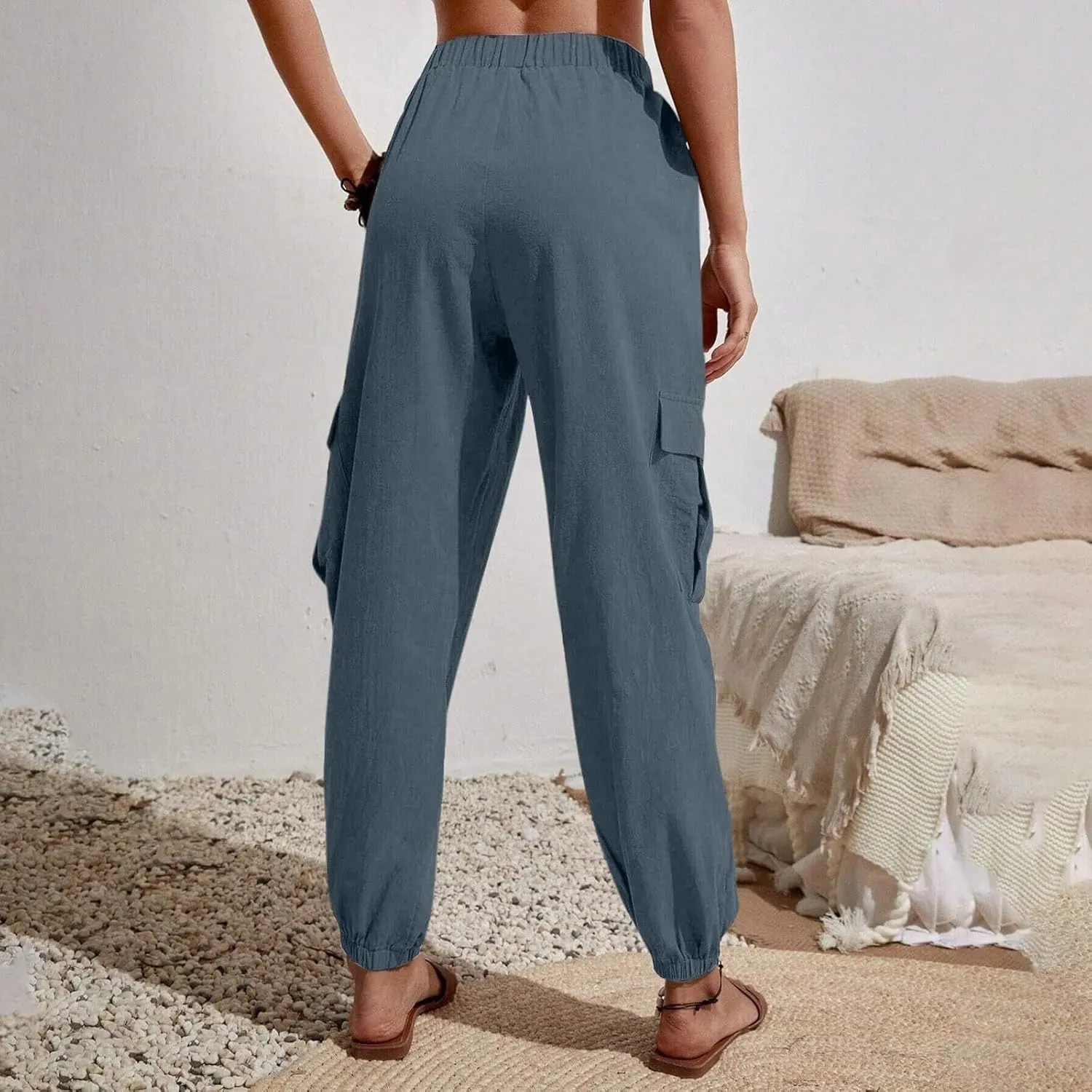 Womens Tapered Cargo Pants Trendy Drawstring Elastic High Waisted Wide Leg Pants Loose Solid Color Casual Trousers