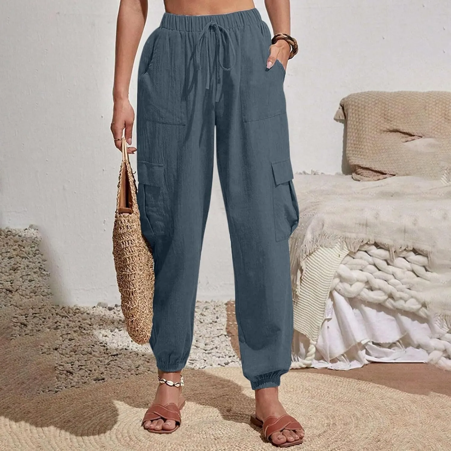 Womens Tapered Cargo Pants Trendy Drawstring Elastic High Waisted Wide Leg Pants Loose Solid Color Casual Trousers