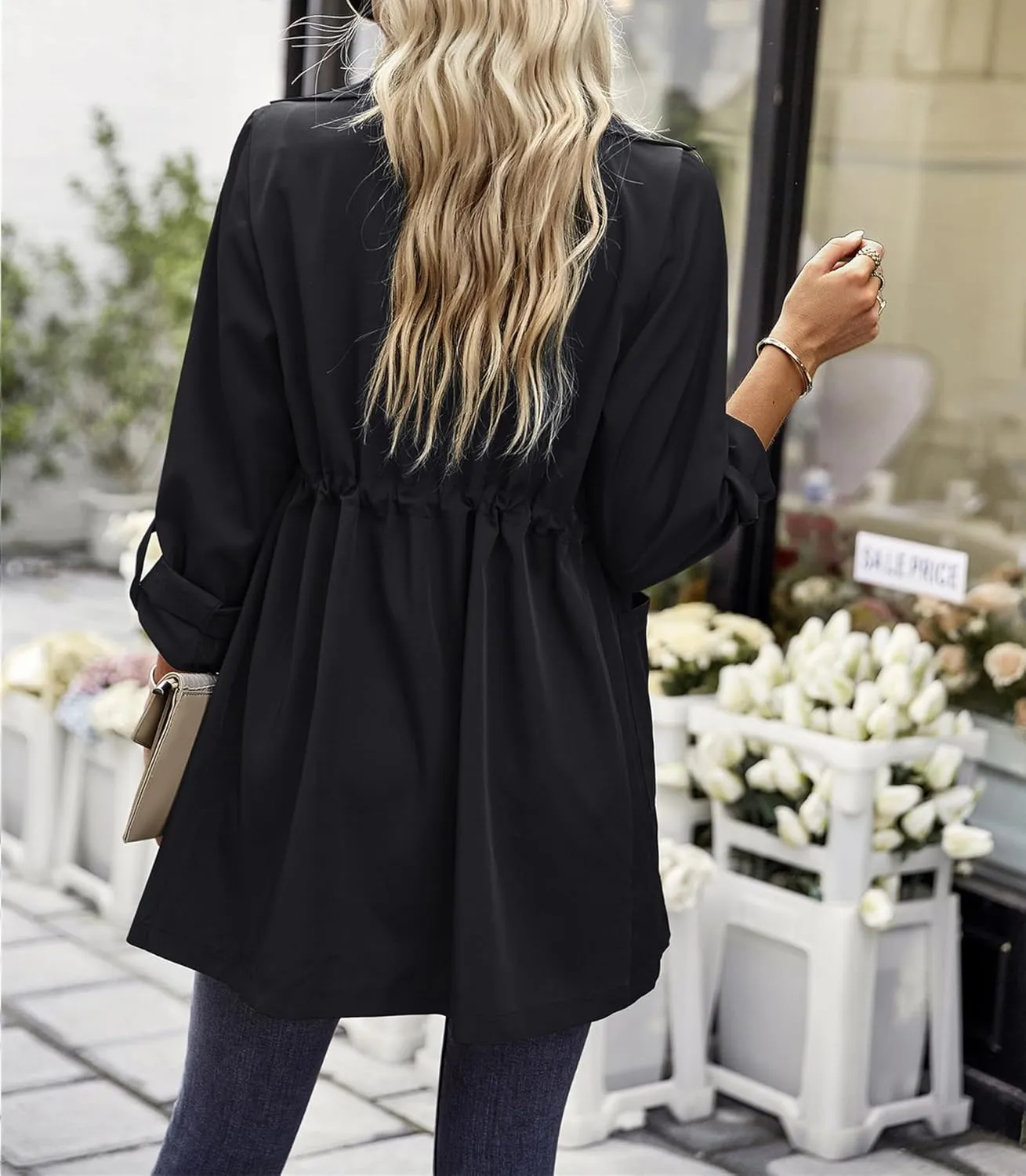 Women's Trench Coat Classic Open Front Lapel Overcoat Slim Outwear with Belt Buckle