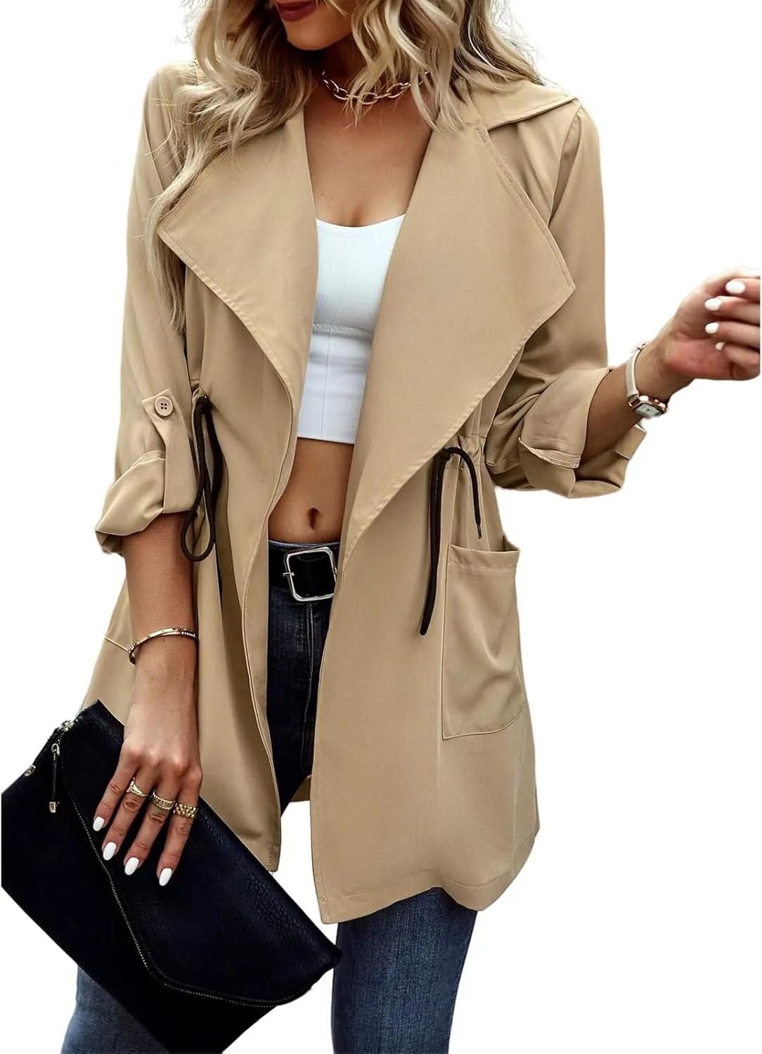 Women's Trench Coat Classic Open Front Lapel Overcoat Slim Outwear with Belt Buckle