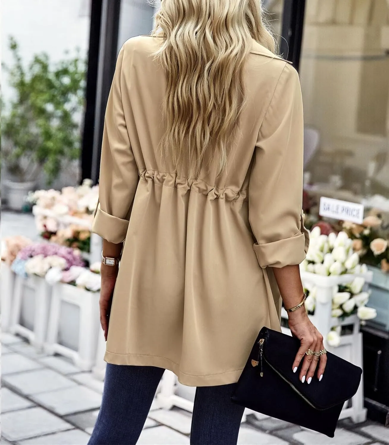 Women's Trench Coat Classic Open Front Lapel Overcoat Slim Outwear with Belt Buckle