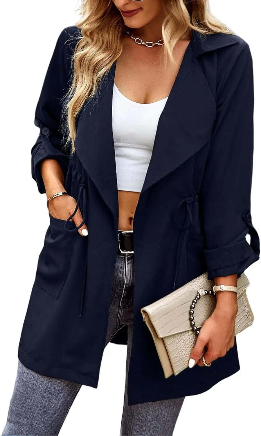 Women's Trench Coat Classic Open Front Lapel Overcoat Slim Outwear with Belt Buckle
