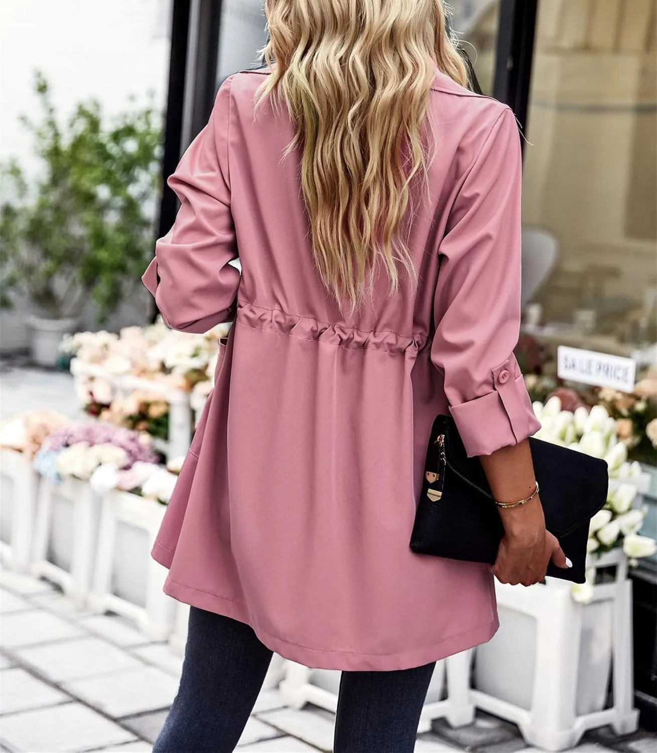 Women's Trench Coat Classic Open Front Lapel Overcoat Slim Outwear with Belt Buckle