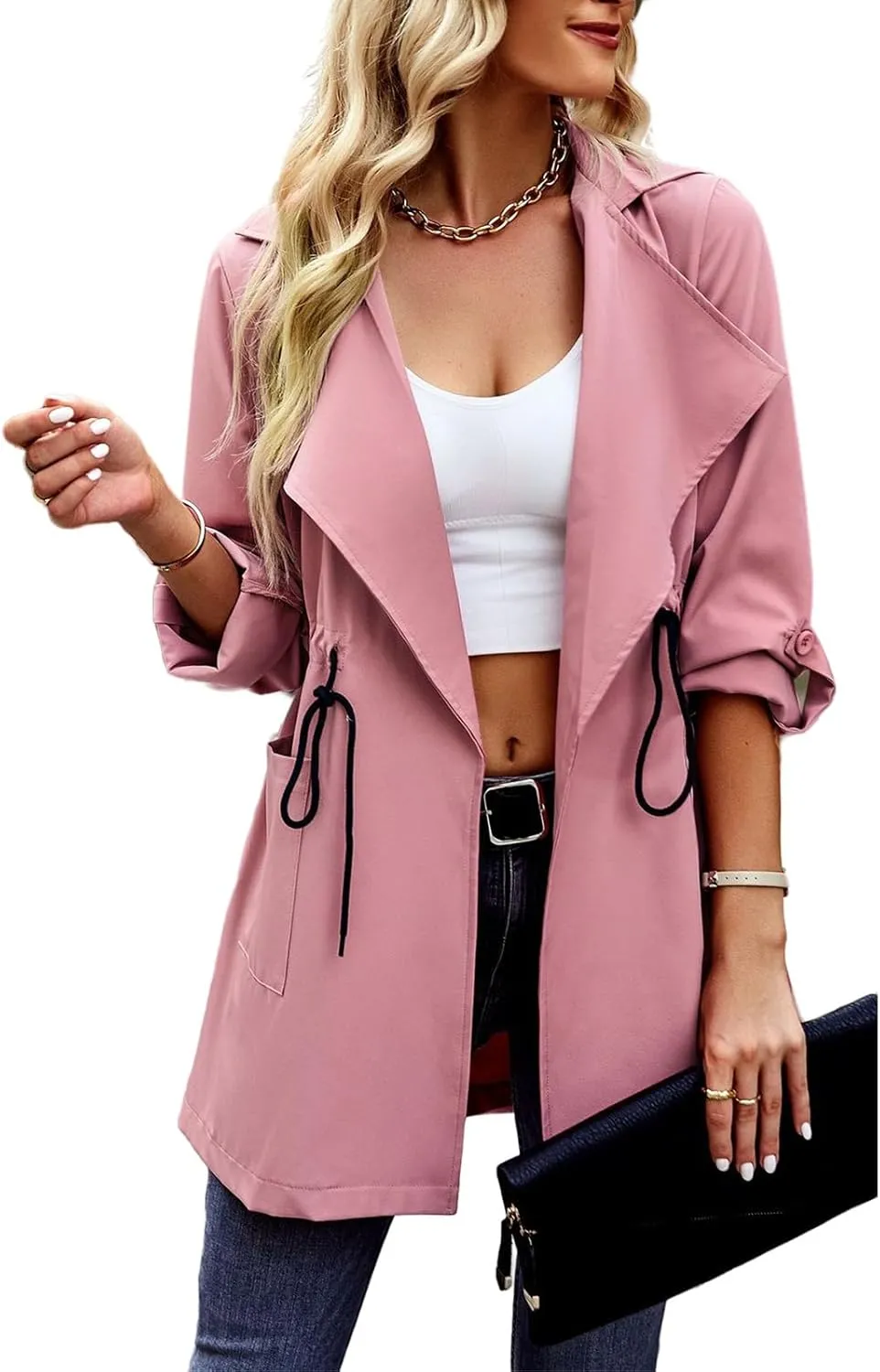 Women's Trench Coat Classic Open Front Lapel Overcoat Slim Outwear with Belt Buckle