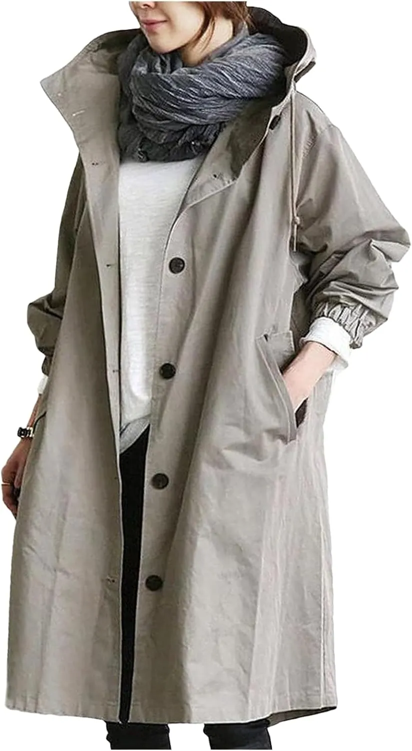 Women's Trench Coats with Hood Windbreaker Single Breasted Long Trench Coat Casual Classic Jacket Overcoat Outwear