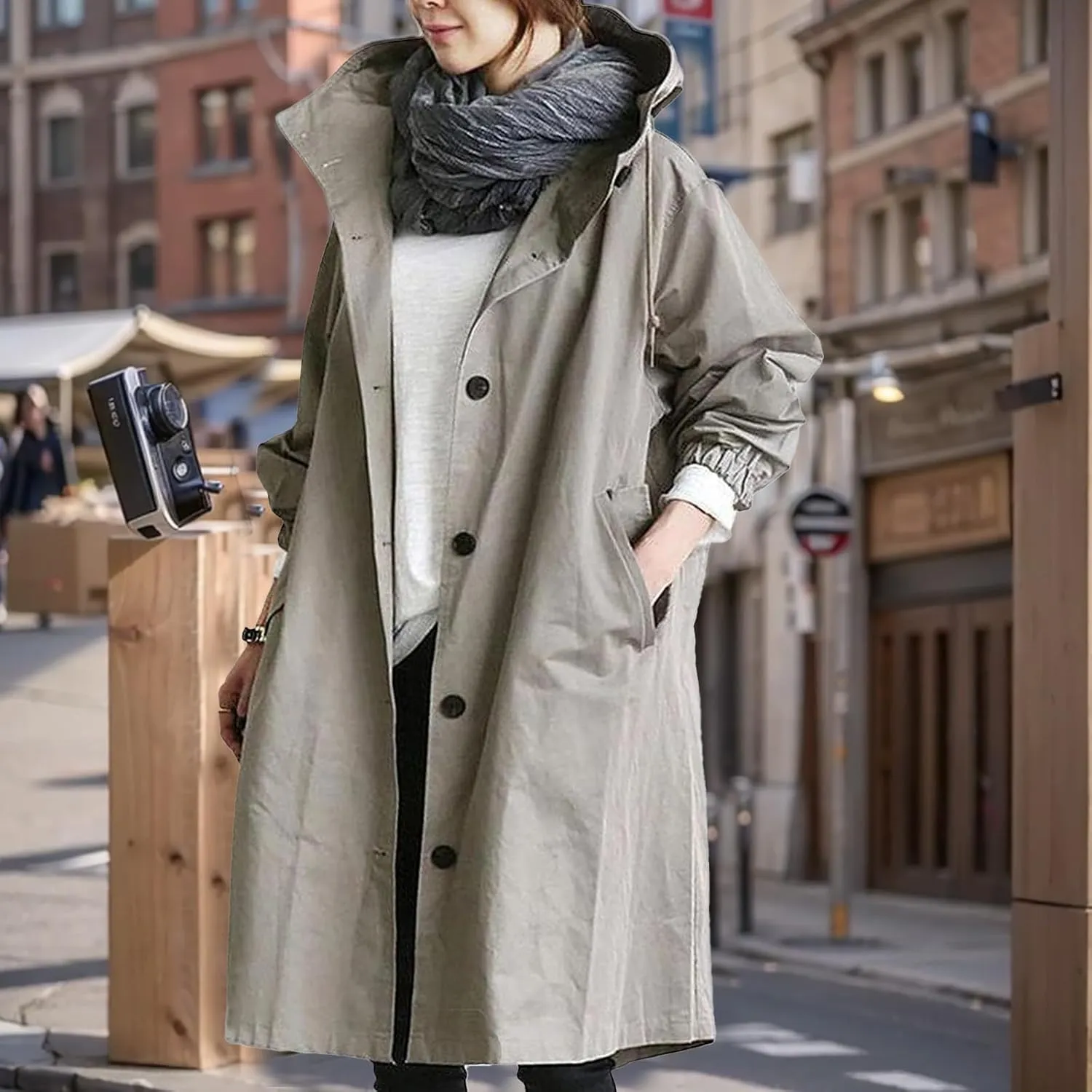 Women's Trench Coats with Hood Windbreaker Single Breasted Long Trench Coat Casual Classic Jacket Overcoat Outwear
