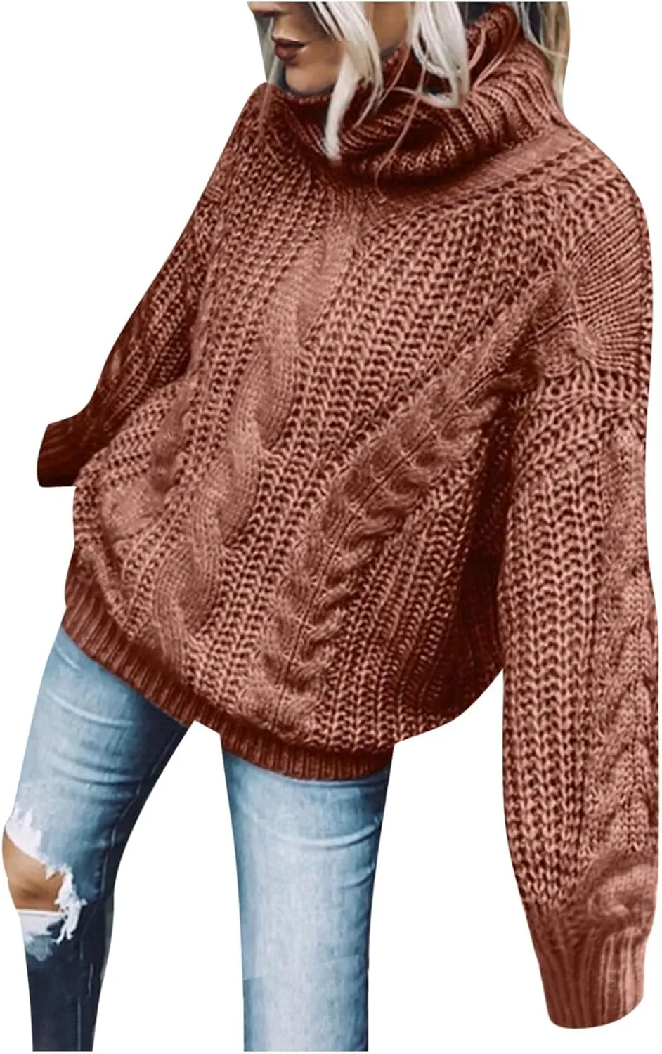 Womens Turtleneck Sweaters Casual Long Sleeve Oversized Knit Cable Chunky Sweaters Pullover Loose Tops Fall Outfits