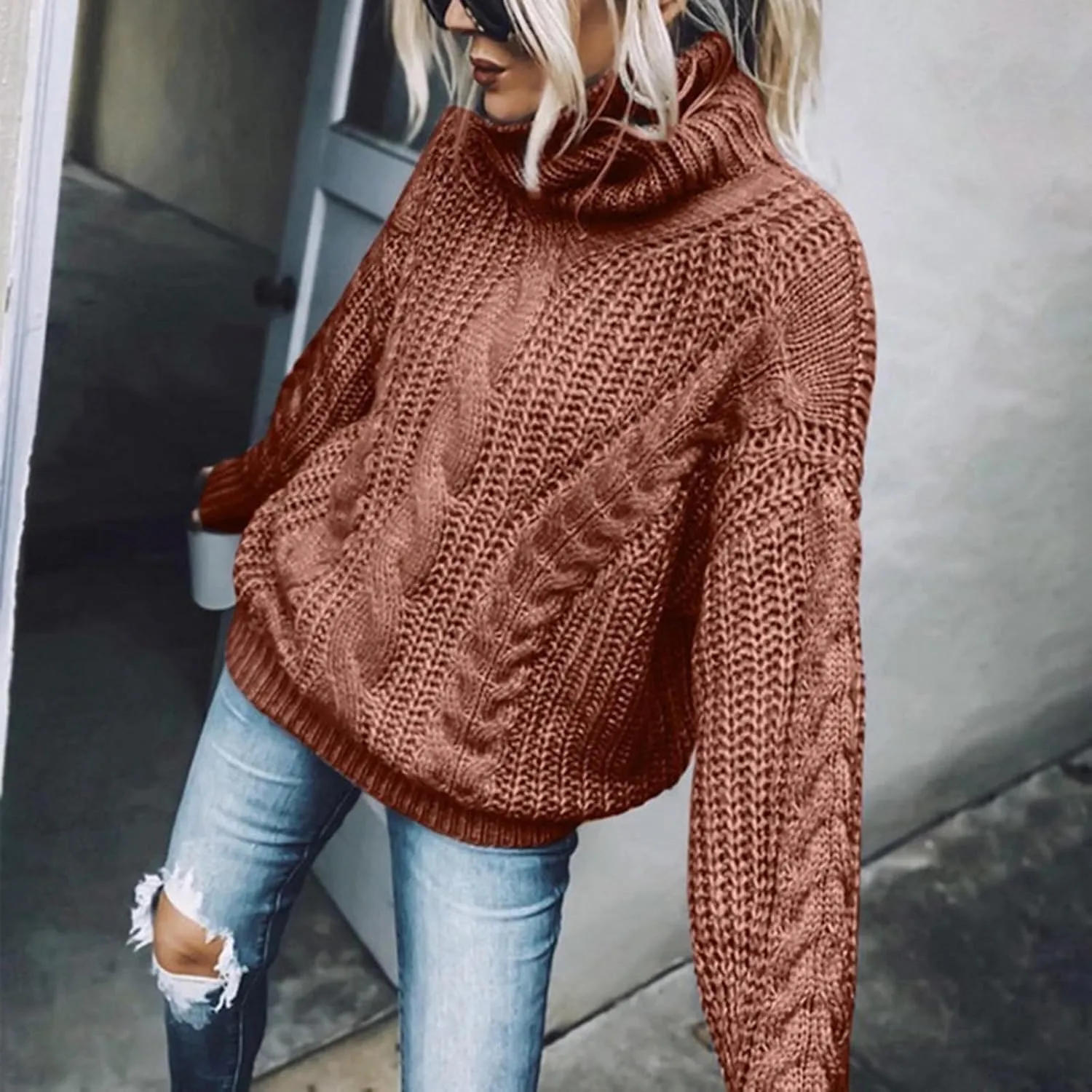 Womens Turtleneck Sweaters Casual Long Sleeve Oversized Knit Cable Chunky Sweaters Pullover Loose Tops Fall Outfits